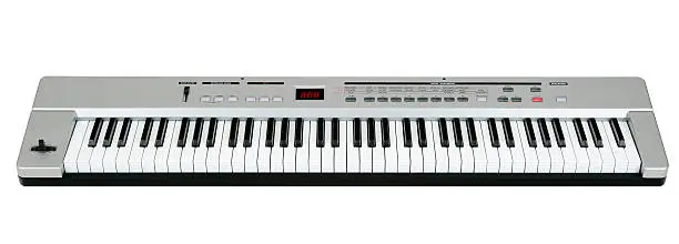 Digital midi keyboard (6.5 octaves) isolated on white.