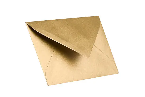 A studio shot of a gold coloured envelope isolated on a white background with clipping path. The envelope is partially open