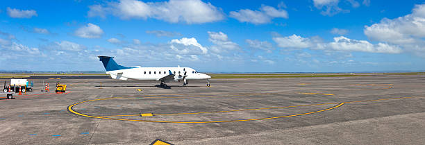 istock Small commercial aircraft on runway Panorama 183275076