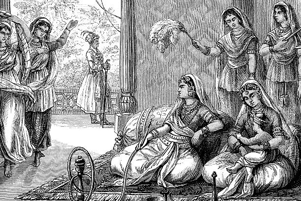 Engraving harem in arab culture from 1870 Harem in arab culture - Steel engraving from 1870Original edition from my own archives polygamy stock illustrations