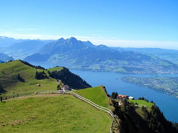 Fantastic panoramic view from Mount Rigi on Lake Lucerne and the Alps in the background.