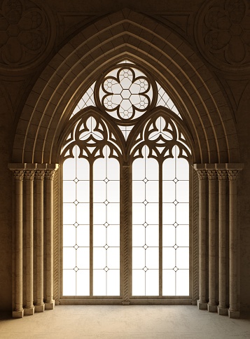 3D illustration. Gothic vintage window background postcard