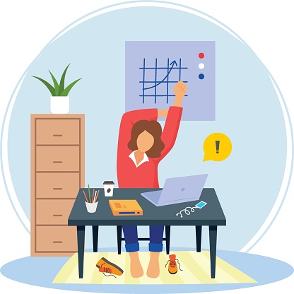 Lazy Female worker doing Overhead reach latissimus stretch concept, Seated Lat Stretch vector icon design, corporate wellbeing symbol Sedentary lifestyle sign self serving behaviors stock illustration