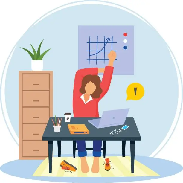 Vector illustration of Lazy Female worker doing Overhead reach latissimus stretch concept, Seated Lat Stretch vector icon design, corporate wellbeing symbol Sedentary lifestyle sign self serving behaviors stock illustration