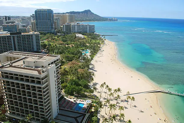 "Aerial View of Waikiki Beach, Hawaii. Waikiki Beach in Hawaii is one of the most  famous beaches in the world. The two mile stretch of white sand coast is fronted by hotels and tourist facilities."