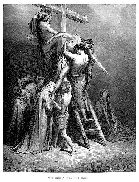 Jesus taken down from the Cross Vintage engraving from the 1870 of a scene from the New Testament by Gustave Dore showing Jesus taken down from the Cross. crucifix illustrations stock illustrations