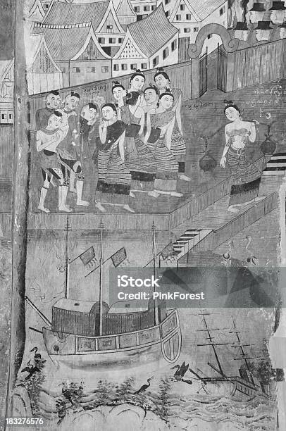 Starożytny Tajskiej Świątyni Mural Tle - zdjęcia stockowe i więcej obrazów Antyczny - Antyczny, Architektura, Bez ludzi