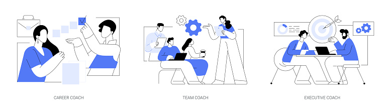 Business coaching isolated cartoon vector illustrations set. Business person talking with personal career coach, group people have conversation with specialist, executive training vector cartoon.