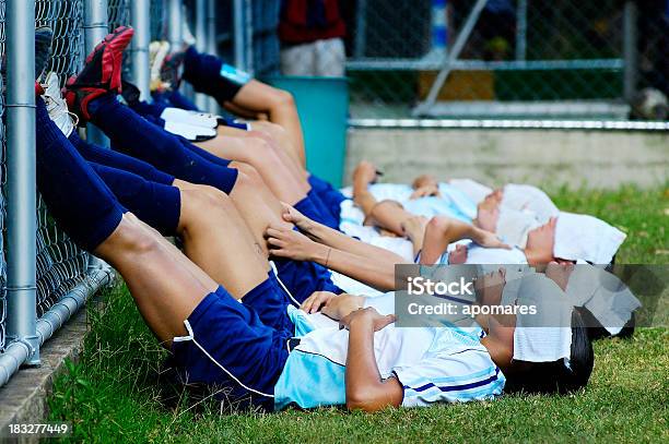 Team Of Soccer Girls Resting In The Break Stock Photo - Download Image Now - Sleeping, Soccer, Adolescence