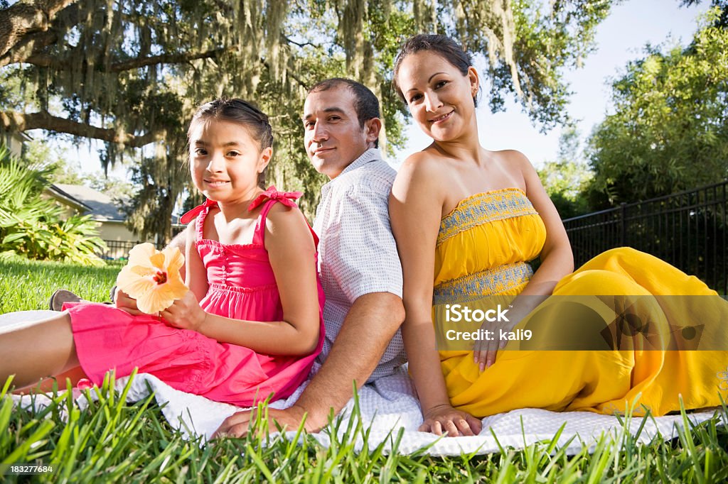 Hispanische Familie zusammen auf Decke sitzend im Gras - Lizenzfrei 8-9 Jahre Stock-Foto