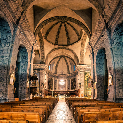 Briancon, France - Oct 05 2023 : Panorama of architecture interior of Notre Dame Saint Nicolas of Collegiale church in the medieval fortress city