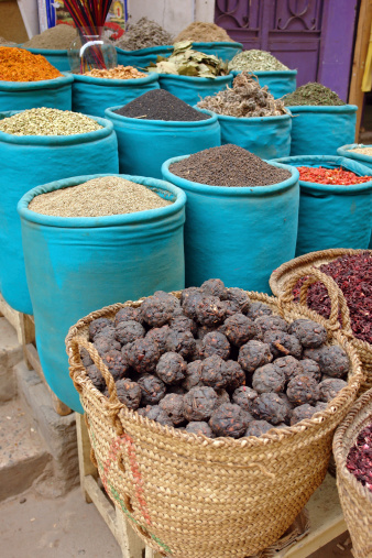 Baskets full of exotic spices for sale in Egyptian market. Photo: April 2006