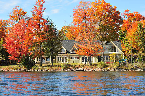 istock Wide angle of cottage surrounded by trees in the fall 183278359