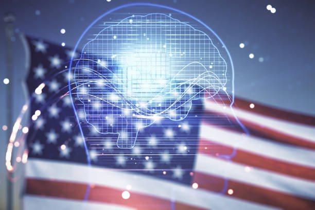 istock Abstract virtual artificial Intelligence interface with human head hologram on USA flag and sunset sky background. Multiexposure 1832785386