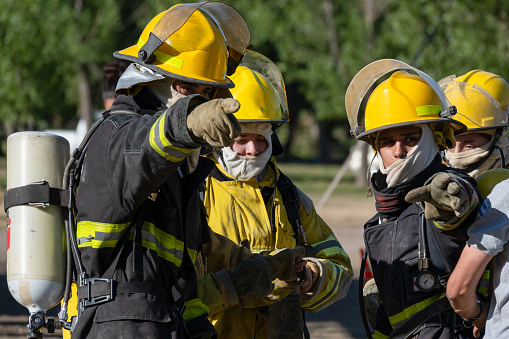 San Rafael, Argentina, December 2, 2023: Firefighter training. Fire drill - rescue.