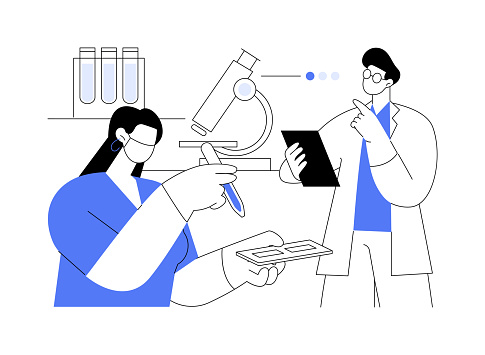 Laboratory course isolated cartoon vector illustrations. Professor supervising research of young medical colleague and counselling her in lab, educational process, student life vector cartoon.