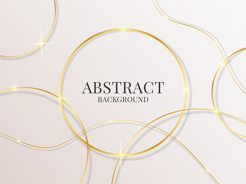 Golden ring banner. Luxury abstract background with gold rings. Glitter line frame with sparkle and shine, round glow. Deluxe shiny metal glitter. Elegant presentation poster. Vector design backdrop