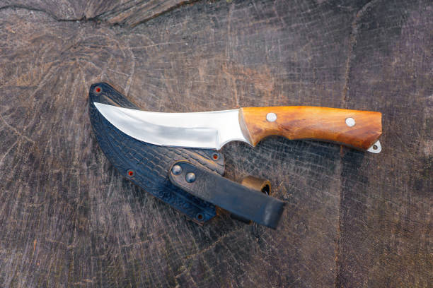istock Hunting Knife and Leather Sheath on a Tree Stump 1832796767