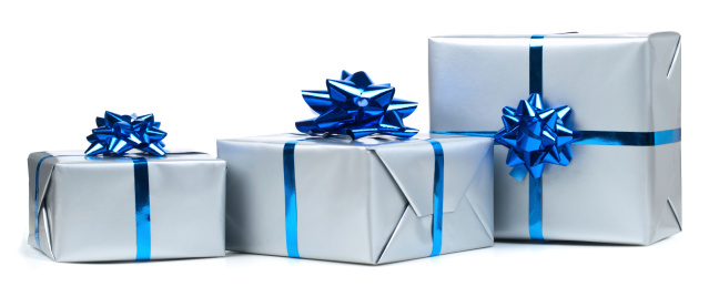 Silver gift boxes with blue ribbon on white. This file contains 