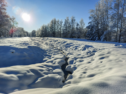 White winter landscape with big ditch, trees, bushes and vegetation covered with snow after a heavy snowfall on a sunny day. Snowy winter fairytale. Winter landscape