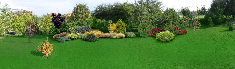 Natural grounds surrounding a home and green design features 3D illustration