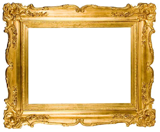 Old antique golden frame on white.