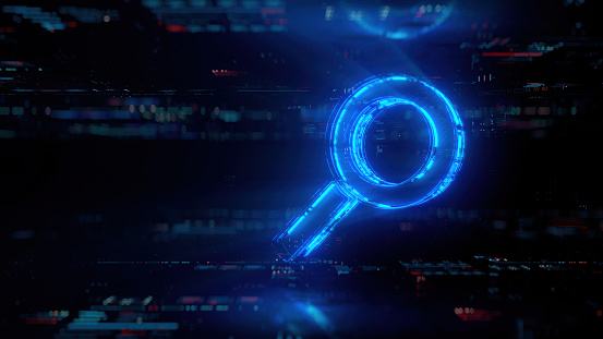 Digital search icon hologram on future tech background. Search Engine Evolution. Futuristic search icon in world of technological progress and innovation. CGI 3D render