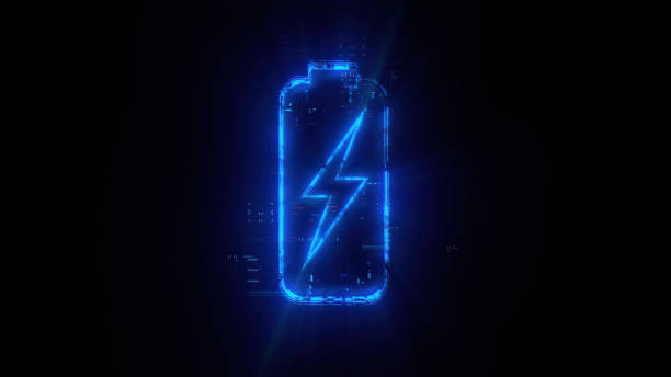 Digital battery hologram on future tech background. Innovations and efficiency of power supply evolution. Futuristic battery icon in world of technological progress and innovation. CGI 3D render