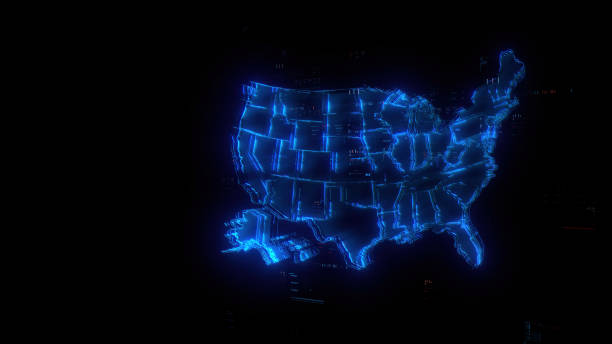 istock Digital USA map hologram on future tech background. Global communication and finance background. Futuristic USA map in world of technological progress and innovation. CGI 3D render 1832816816