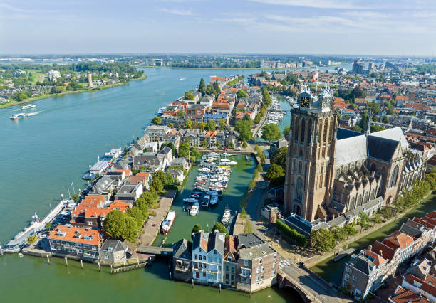 Aerial from the city Dordrecht with the Grote Kerk in the Netherlands stock photo