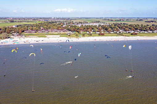 Aerial from kite surfing at thhe beach from Workum in Friesland the Netherlands at the IJsselmeer