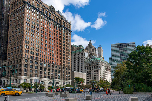New York City, NY, USA-October 17, 2023; Seen from Battery Park over Battery Place the residential and office Whitehall Building designed by Henry Janeway Hardenbergh
