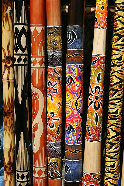 Collection of Australian didgeridoos Didgeridoos with aboriginal designs didgeridoo stock pictures, royalty-free photos & images