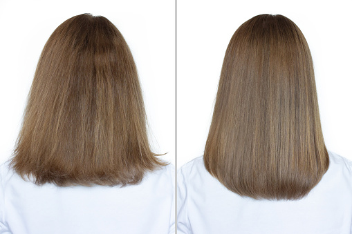 Woman before and after washing her hair with moisturizing shampoo on a white background. Flawless smooth hair after straightening with an iron. Collage, back view. Hair care and treatment concept.