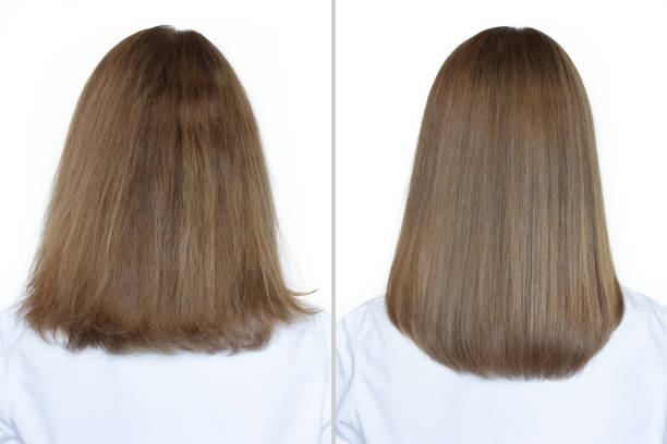 woman before and after washing her hair with moisturizing shampoo - orta uzunlukta saç kesim stok fotoğraflar ve resimler