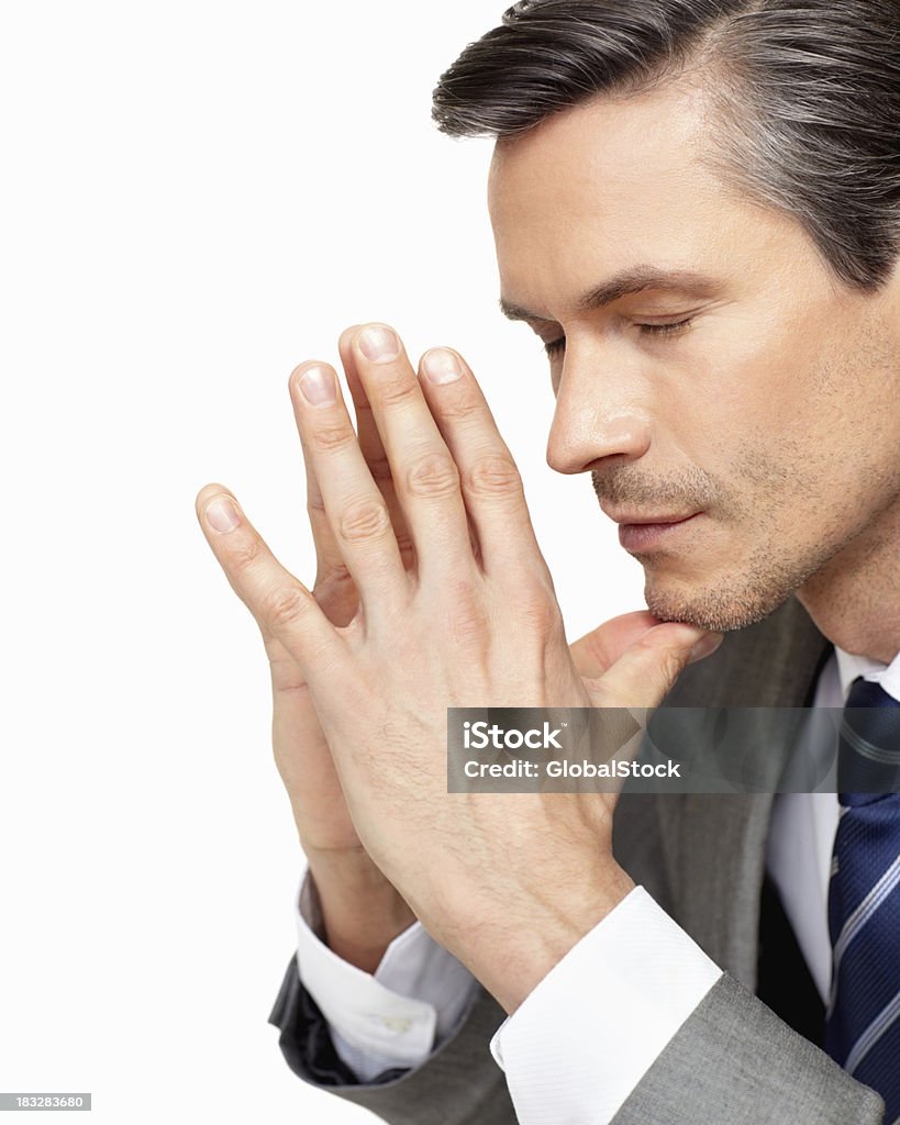 businessman lost in deep thoughts Mature man with eyes closed planning business strategy against white Administrator Stock Photo