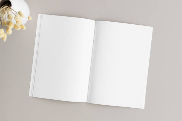 istock Open magazine mockup with dry flowers on the beige table. 1832836851