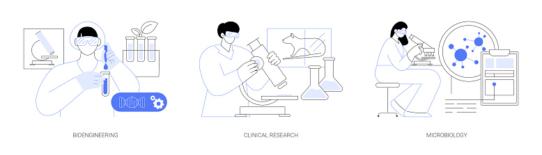 Medical research isolated cartoon vector illustrations set. Bio engineering experiment in scientific laboratory, collect clinical data, worker with microscope, microbiology studies vector cartoon.
