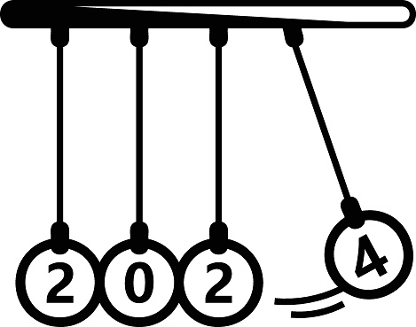 conservation of momentum 2024 concept, Newtons Cradle Loading  vector icon design, Happy New Year 2024 Symbol, HNY Wishes Sign, New Years Eve celebration Element stock illustration