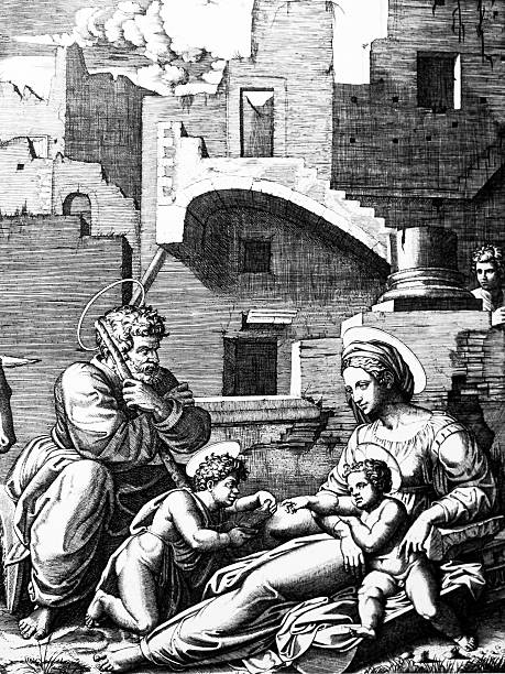 Nativity Scene incision the Sacred Family 1520-1525 incision of Marcantonio Raimondi. saint joseph stock illustrations