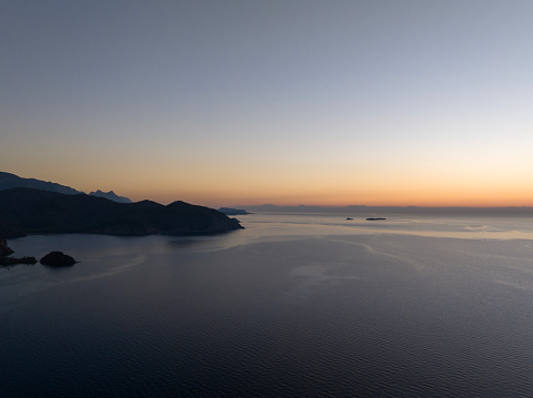 Aerial view of the Mediterranean Sea at sunrise in Antalya, Turkey.  Taken via drone.