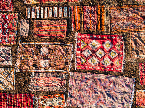 Textures and patterns in color from woven carpets. An example from Turkish carpet weaving art.