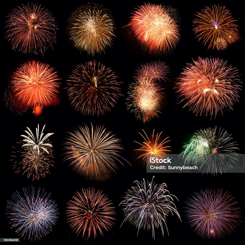 Rows of firework images on a black background Fireworks group Firework - Explosive Material Stock Photo