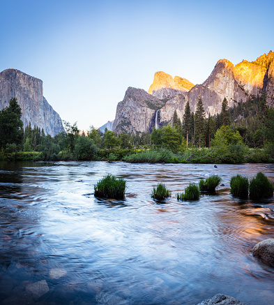 Young female traveler standing back and looking on forest, mountains, waterfall and trees. Girl on background of amazing valley in Yosemite park, USA.