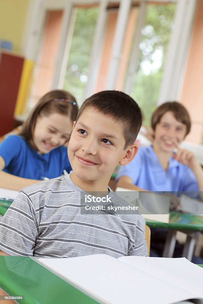 Children sitting on a lesson in school. Children sitting on a lesson. Cute smiling boy on the foreground. Adult Student Stock Photo