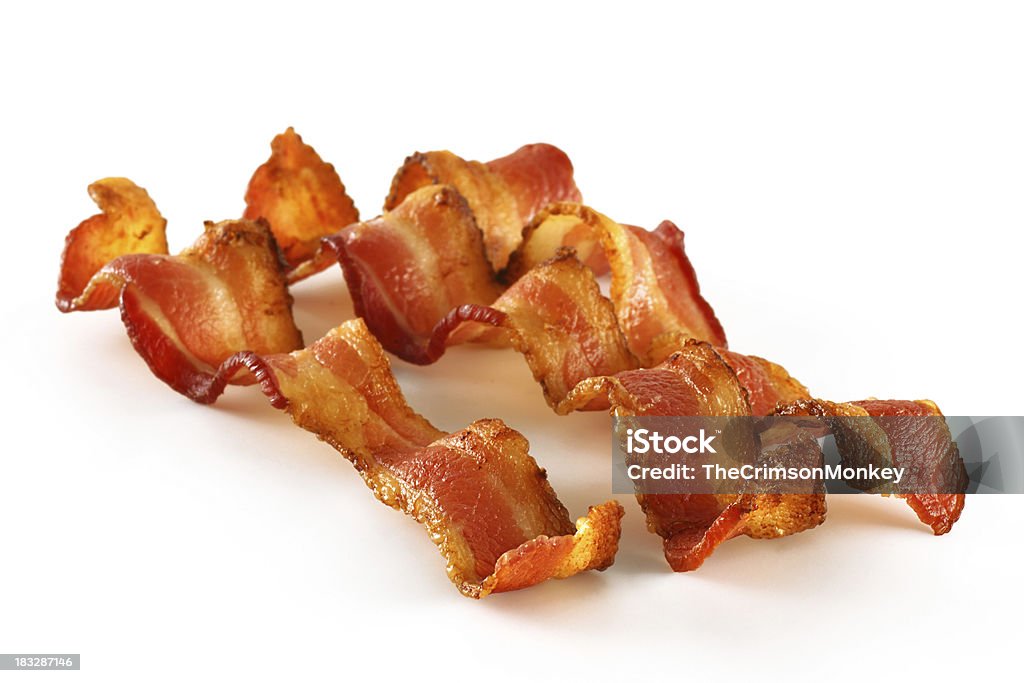 Three Bacon Slices on White "Three perfect, crispy, smokey slices of bacon; studio isolated on white.You need more bacon" Bacon Stock Photo