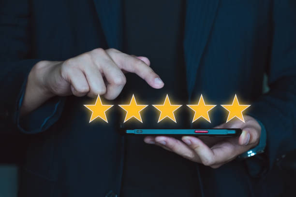 istock Customer review good rating concept, hand pressing user and five star icon on visual screen for positive customer feedback, testimonial and testimony, user comment and feedback for review. Testimonial 1832874086