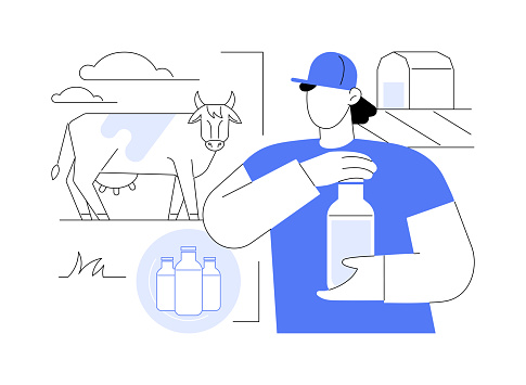 Fresh milk production isolated cartoon vector illustrations. Hipster farmer holding bottle with milk, agriculture industry, secondary products production sector, dairy farm vector cartoon.