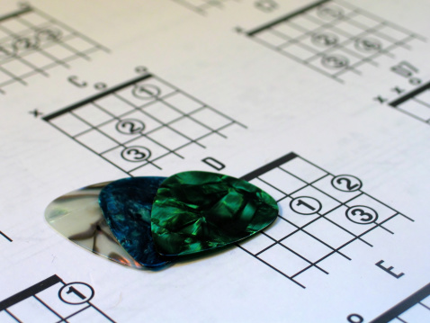A close up shot of three guitar picks laying on top of a sheet of guitar chord tabs.