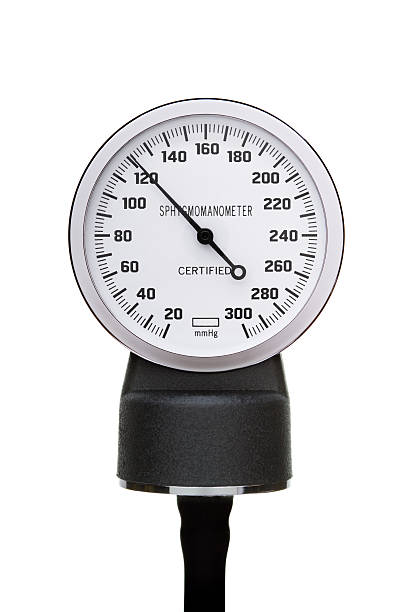 Blood Pressure gauge Close-up of a sphygmomanometer gauge;reading 120- normal. pressure meter stock pictures, royalty-free photos & images